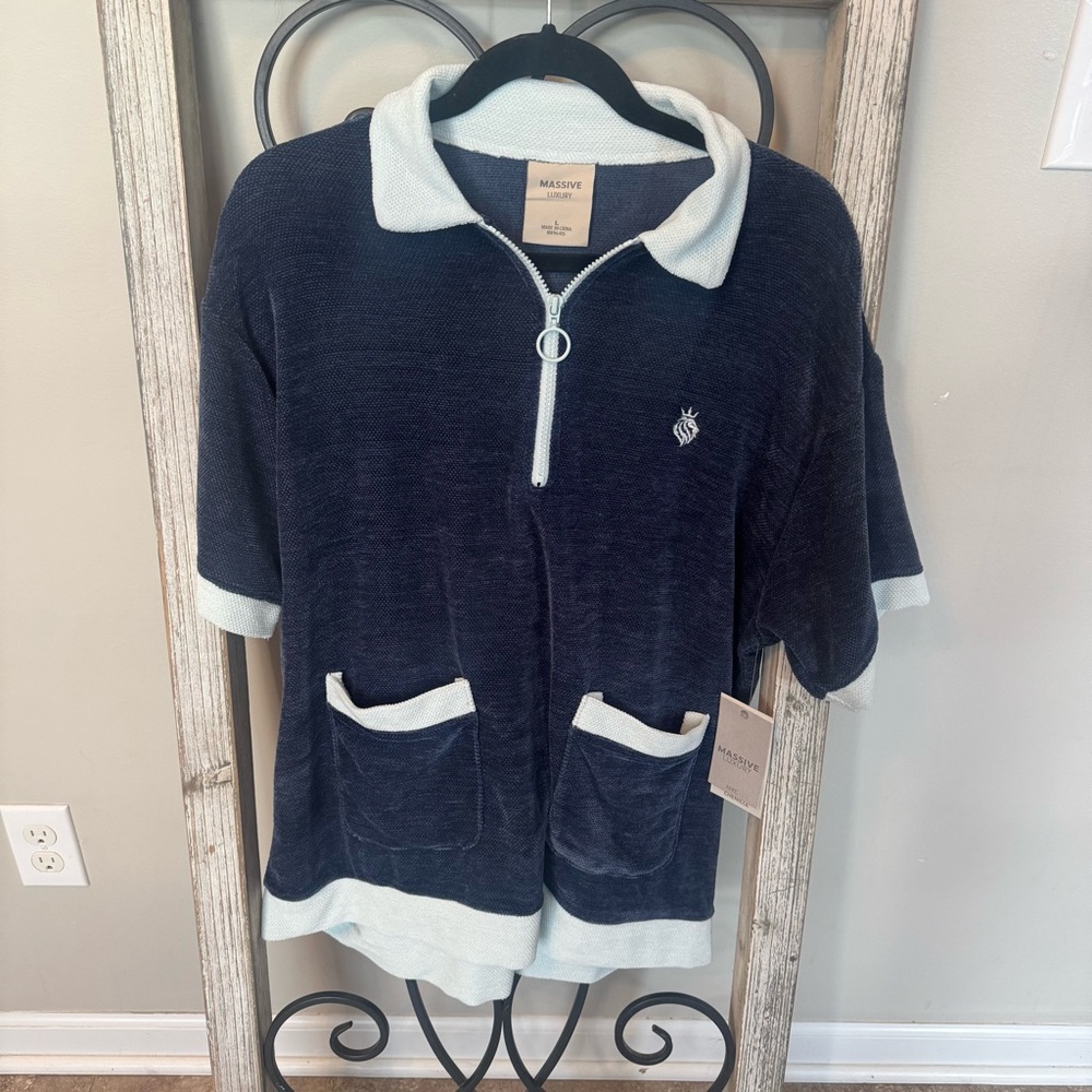 Massive Luxury Chenille Navy and Light Blue Half-Zip Pullover Polo Size Large